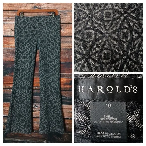 Harolds Vintage Pants 10 Flare Leg Mid Rise Gray Black Mandala Brocade USA Made - Picture 1 of 7
